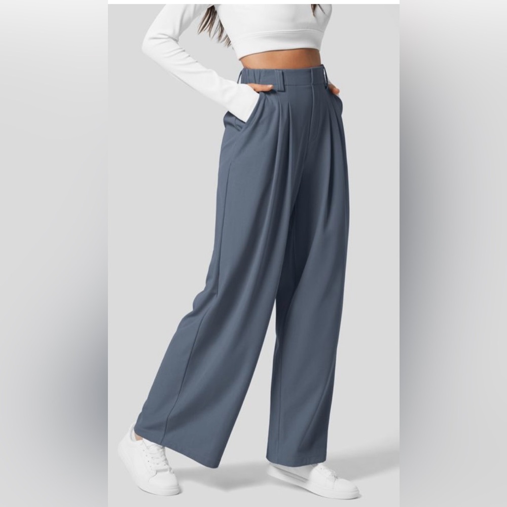 High Waisted Plicated Side Pocket Wide Leg Waffle Work Pants
